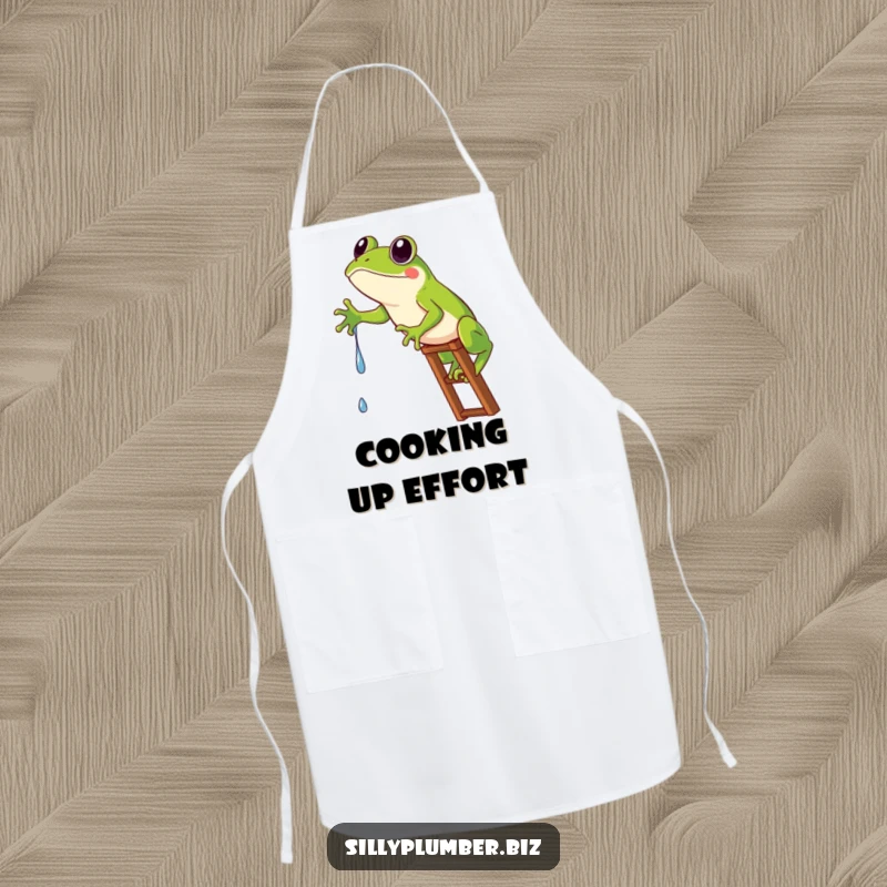 Funny Apron of a frog comically stuck on a ladder, humorously aiming for a water drip.
