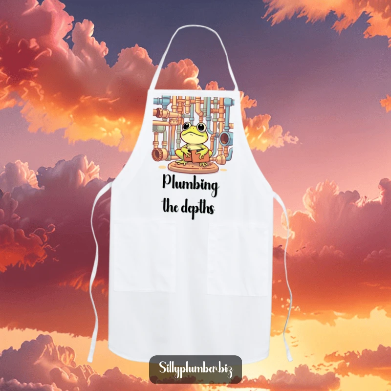 Funny Apron of a frog with a toolbox, happily surveying a complex network of pipes.