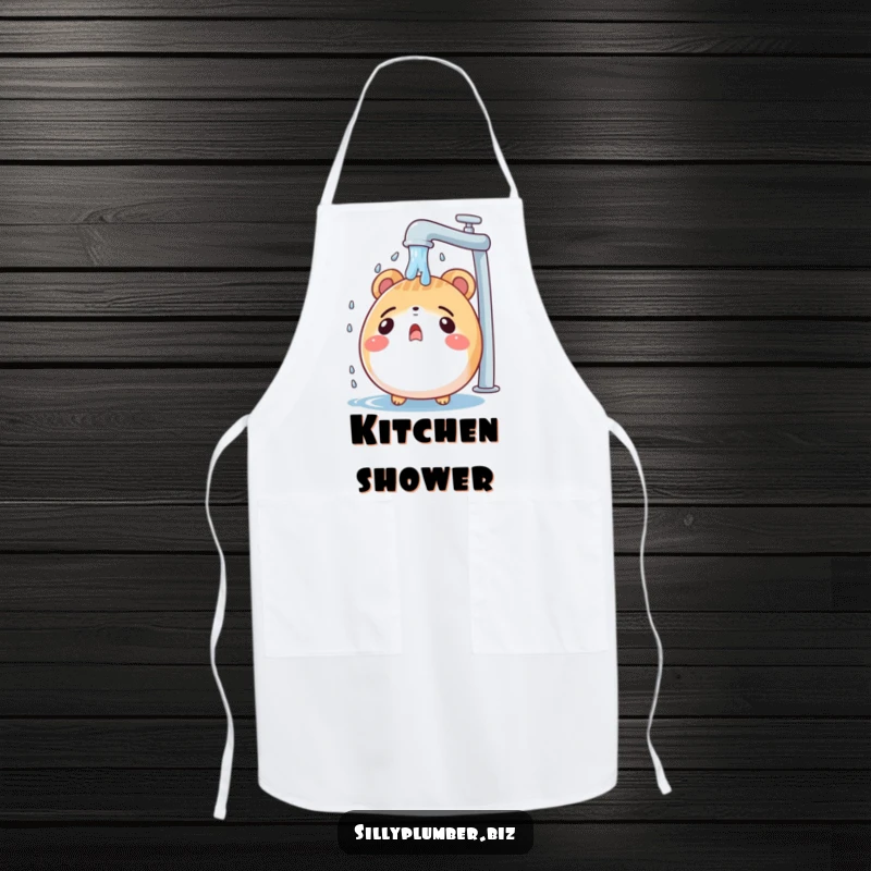 Funny apron with a surprised, round animal character being showered by a leaky faucet, keeping you clean with a humorous splash of water.