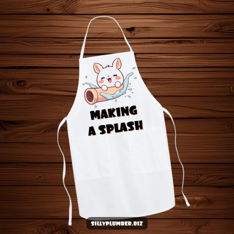 Funny apron with a cute, round animal character joyfully splashing in a pipe, ideal for keeping clean while adding a humorous flair.