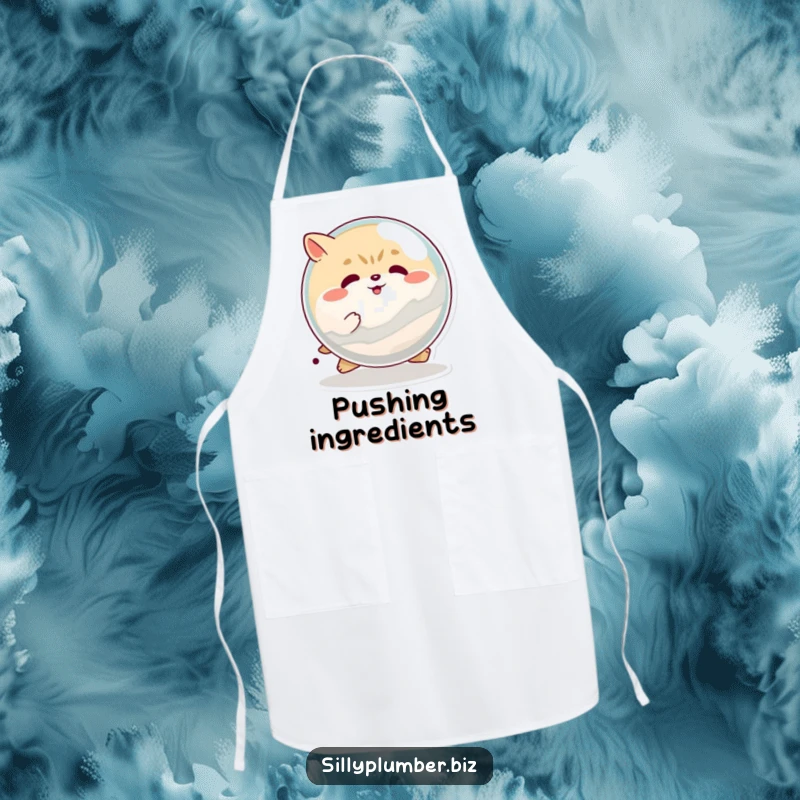 Funny apron with a determined, round animal character pushing a giant marble, keeping you clean with a humorous reminder of perseverance.