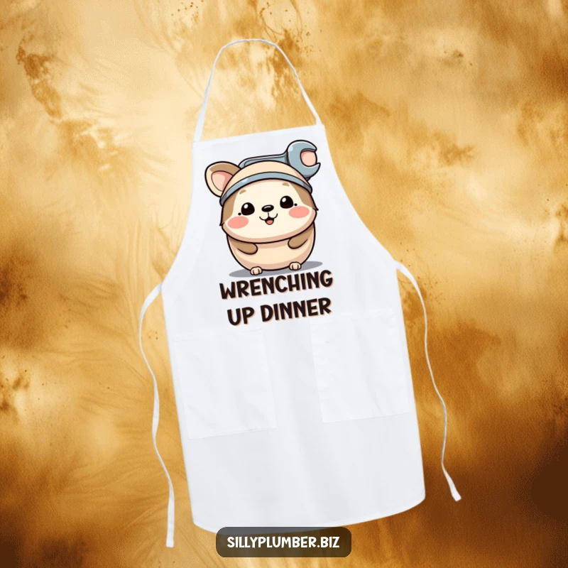 Funny apron with a happy, round animal character wearing a tiny wrench as a hat, ideal for keeping clean with a handy, humorous touch.