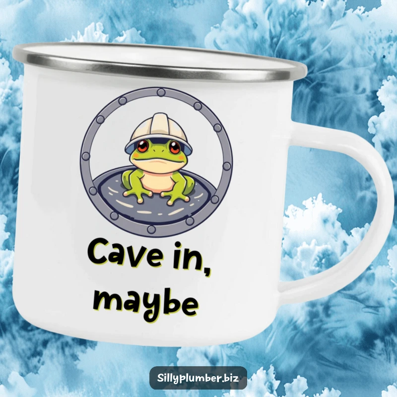 Funny Camping Mug of a frog wearing a hard hat, peeking from a manhole, for outdoor work.