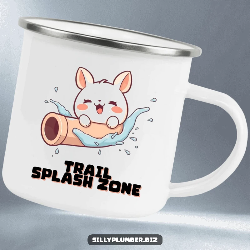 Funny camping mug showing a cute, round animal character joyfully splashing in a pipe, perfect for outdoor adventures and a good chuckle.
