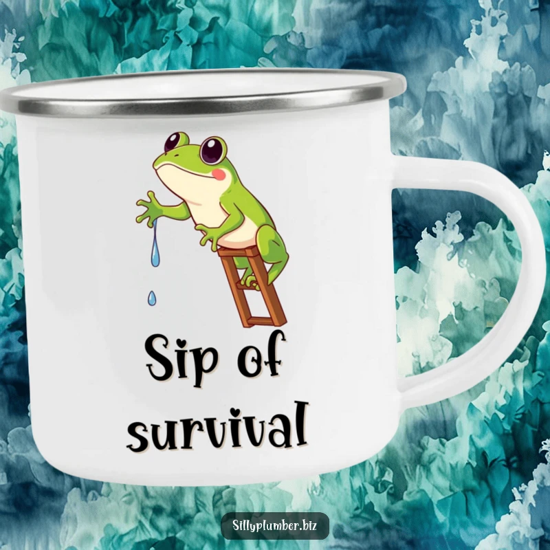 Funny Camping Mug of a frog comically stuck on a ladder, reaching for a water drip.