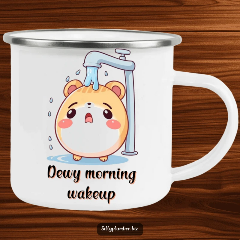 Funny camping mug showing a surprised, round animal character under a leaky faucet, ideal for outdoor brews and a good chuckle at mishaps.