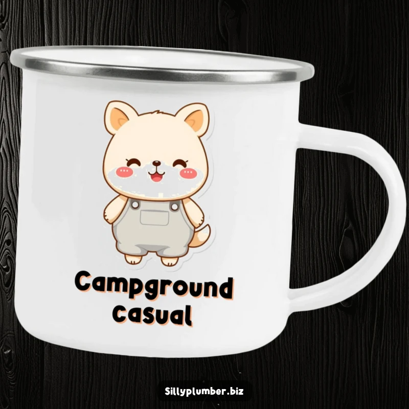 Funny camping mug showing a cheerful, round animal character wearing oversized overalls, ideal for outdoor brews and a dose of adorable humor.