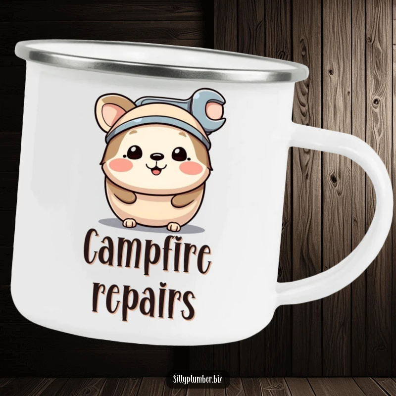 Funny camping mug showing a happy, round animal character wearing a tiny wrench as a hat, ideal for outdoor brews and tool-themed humor.