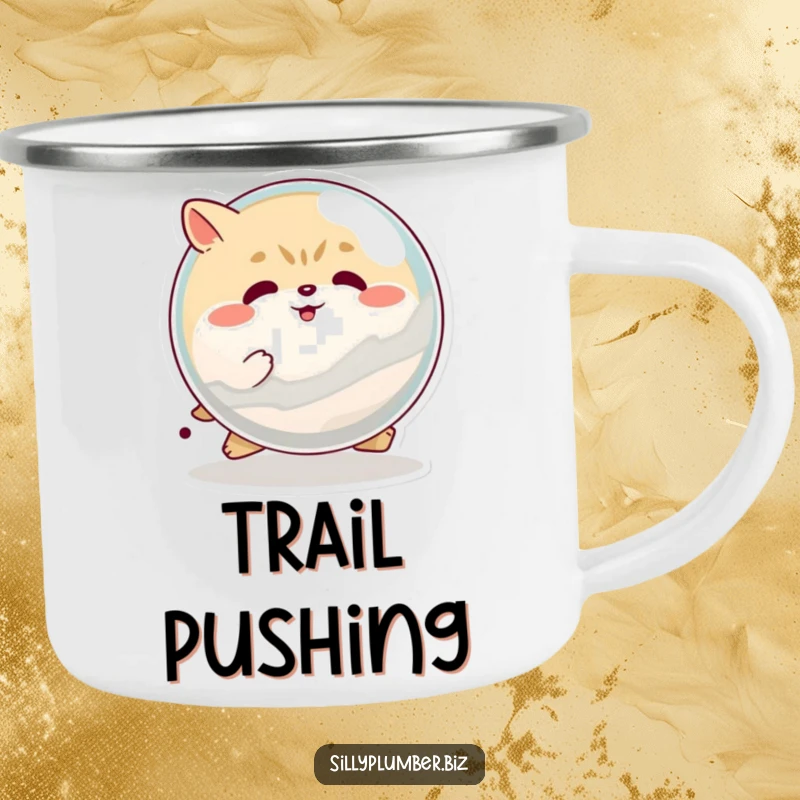 Funny camping mug showing a determined, round animal character pushing a giant marble, ideal for outdoor brews and a humorous reminder of effort.