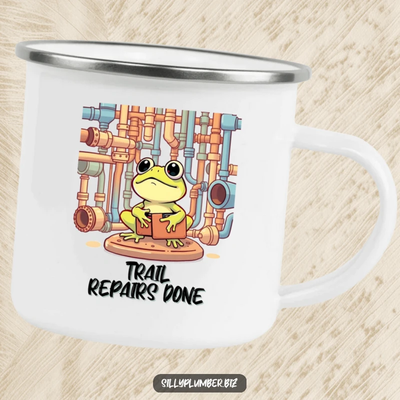 Funny Camping Mug of a frog with a toolbox, happily surveying pipes.