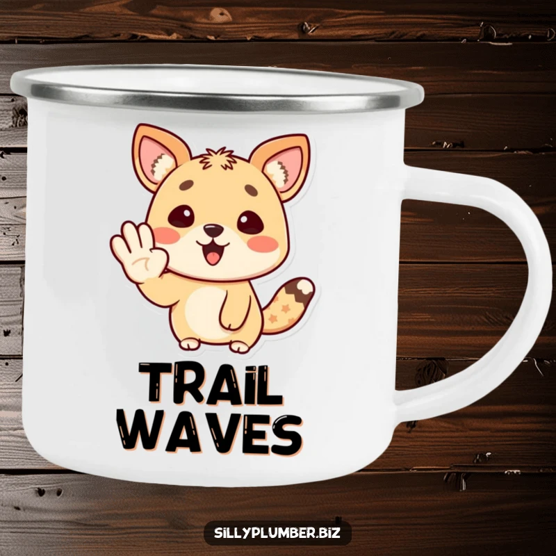 Funny Camping Mug featuring a happy animal character giving a cheerful wave with its paw, perfect for outdoor adventures.