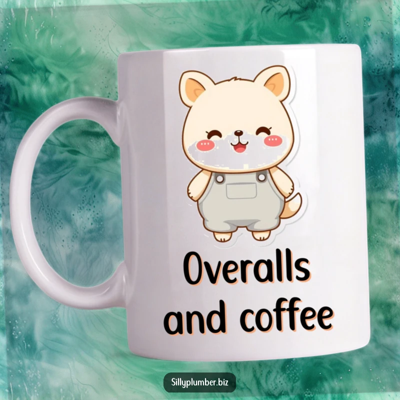 Funny mug depicting a cheerful, round animal character looking incredibly cute wearing comically oversized overalls, radiating pure joy.
