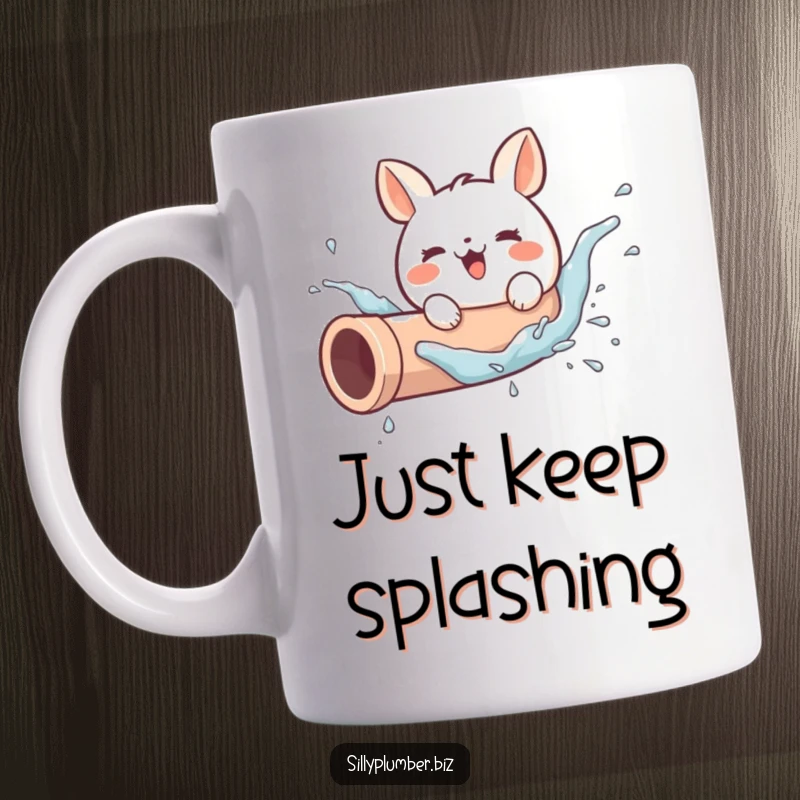 Funny mug featuring a cute, round animal character gleefully splashing and playing inside a water pipe, radiating pure happiness and fun.