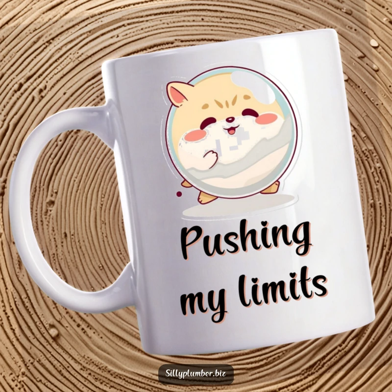 Funny mug showing a determined, round animal character strenuously pushing a giant marble, radiating effort and humorous resolve.