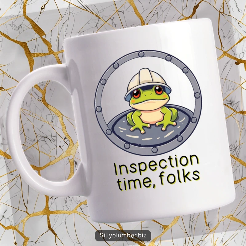Funny Mug showing a frog wearing a hard hat, peeking from a manhole cover, ready for work.