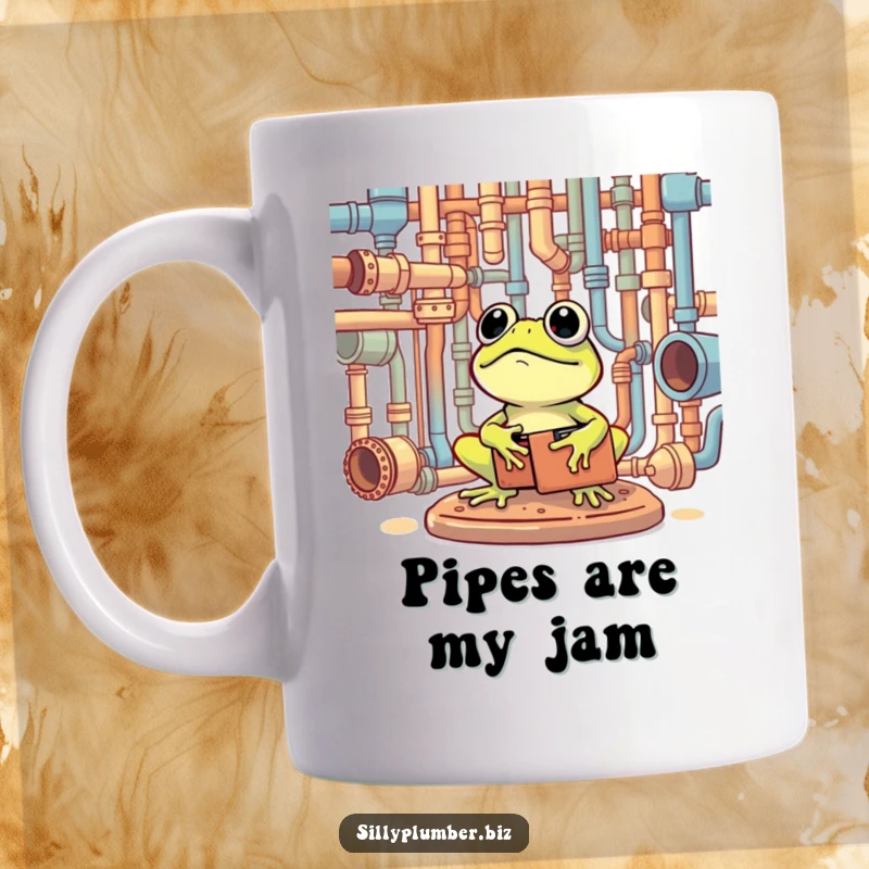 Funny Mug showing a frog with a toolbox happily surveying a complex network of pipes.