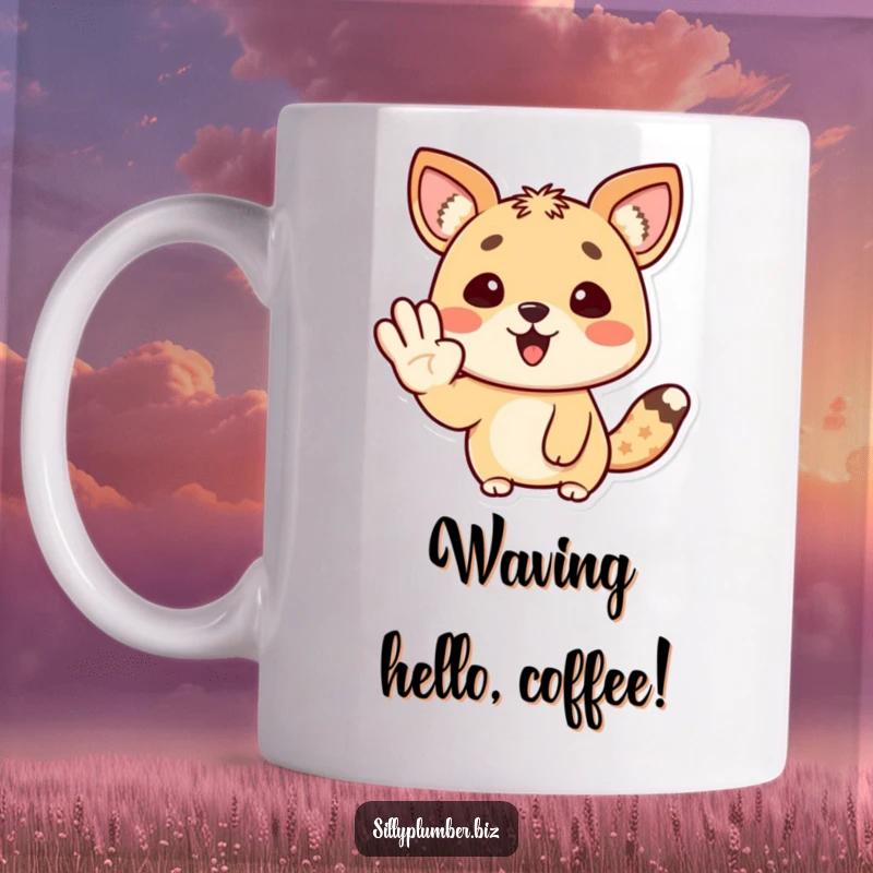 Funny Mug with a happy animal character giving a cheerful wave with its paw, radiating positivity and friendliness.