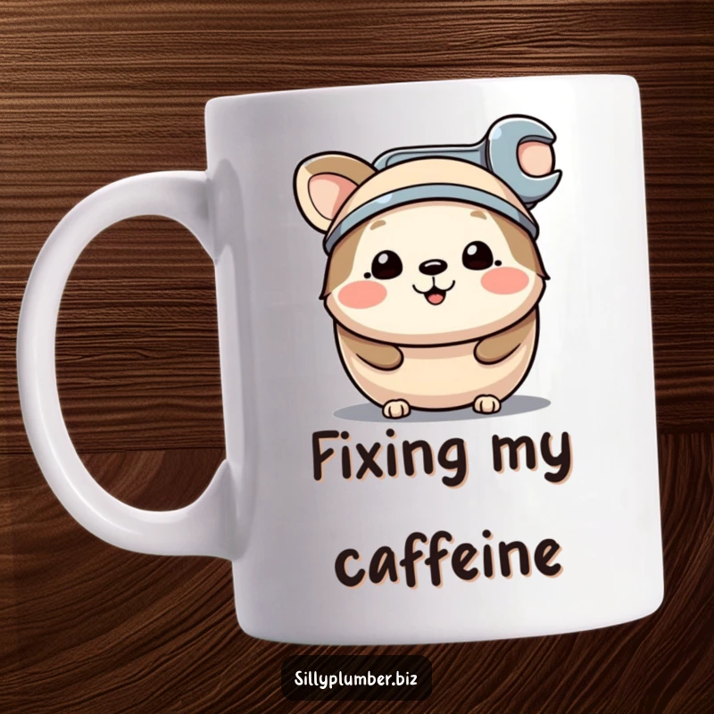 Funny mug depicting a happy, round animal character wearing a miniature wrench as a hat, looking ready for some lighthearted work.