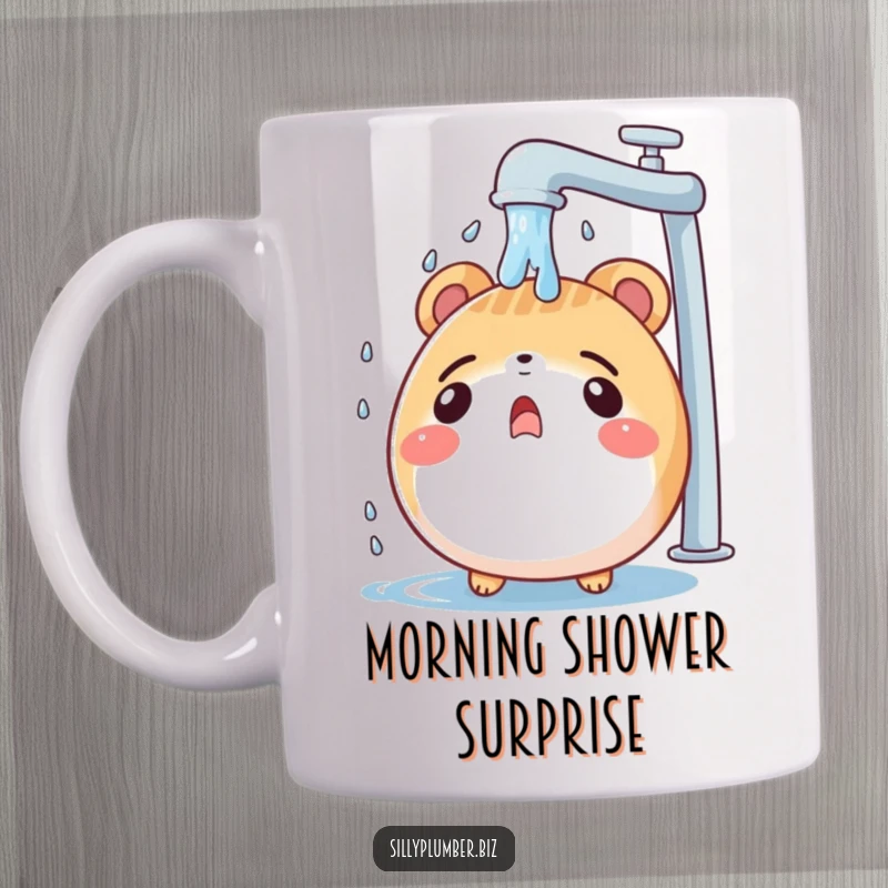 Funny mug showing a surprised, round animal character getting unexpectedly showered by water from a leaky faucet, looking comically bewildered.