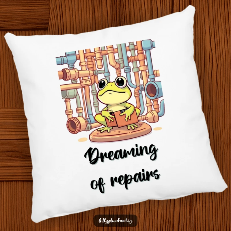 Funny Pillow with a frog holding a toolbox, happily surveying intricate pipe systems.