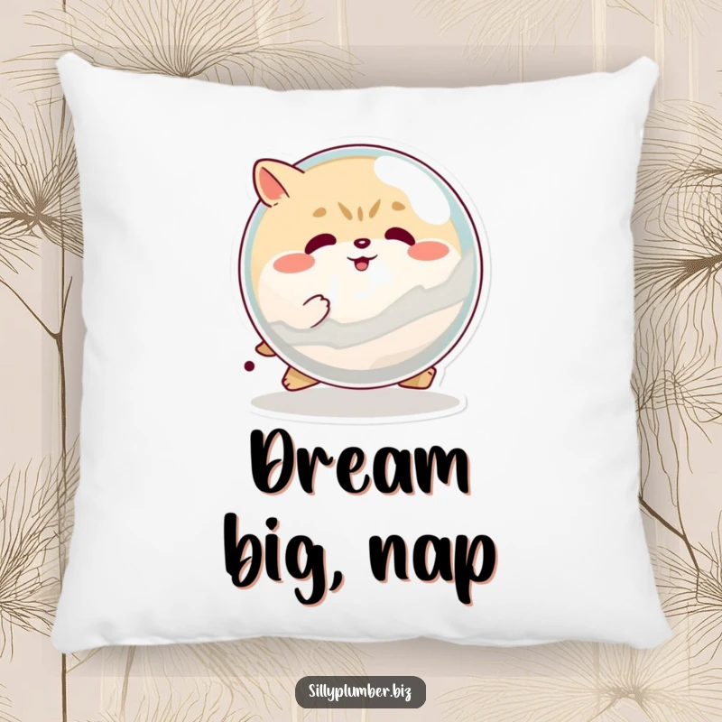 Funny pillow featuring a determined, round animal character pushing a giant marble, offering comfort with a humorous symbol of persistent effort.