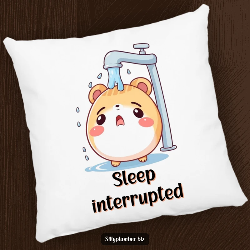 Funny pillow featuring a surprised, round animal character being showered by a leaky faucet, offering comfort with a dose of unexpected, humorous water.