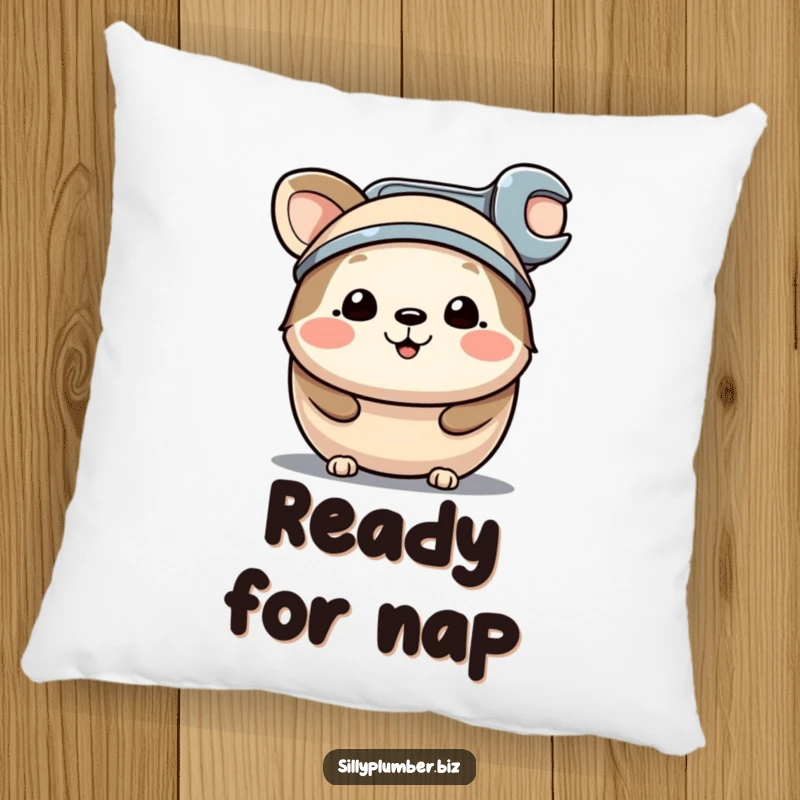 Funny pillow featuring a happy, round animal character wearing a small wrench as a hat, perfect for adding quirky comfort to any room.