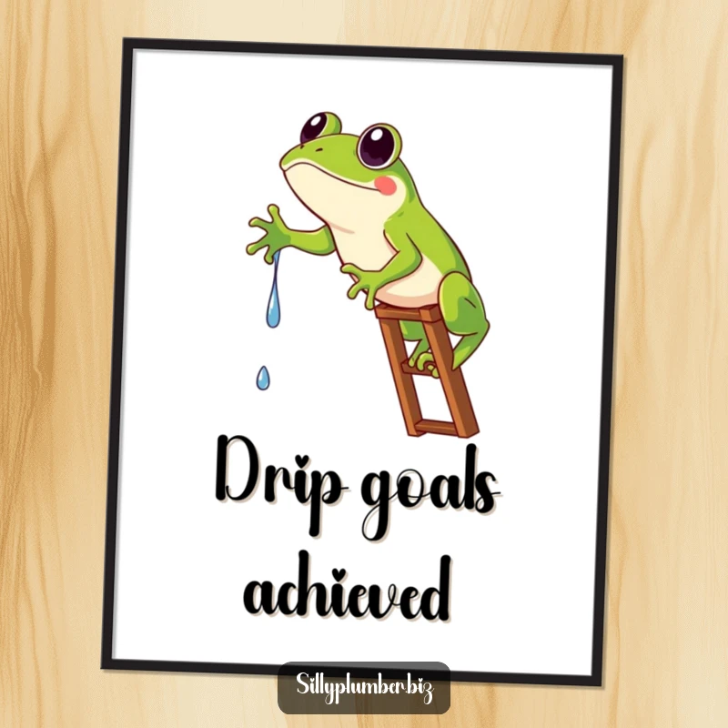 Funny Digital Art Print of a frog comically stuck on a ladder, humorously reaching for a drip.