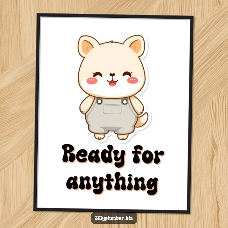 Funny digital art print of a cheerful, round animal character wearing oversized overalls, offering instant cuteness and humorous decor.