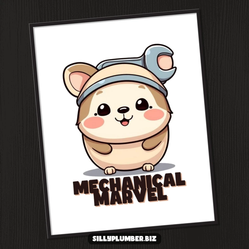 Funny digital art print of a happy, round animal character wearing a tiny wrench as a hat, offering instant tool-themed humor and decor.