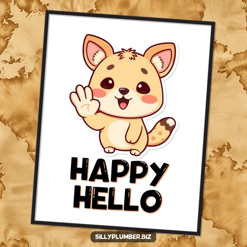 Funny Digital Art Print of a happy animal character giving a cheerful wave with its paw, spreading positivity.