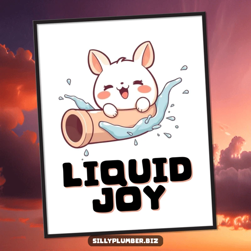 Funny digital art print of a cute, round animal character joyfully splashing in a pipe, offering instant humor and vibrant decor.