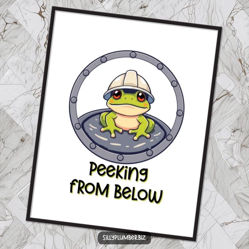 Funny Digital Art Print of a frog wearing a hard hat, peeking from a manhole cover.