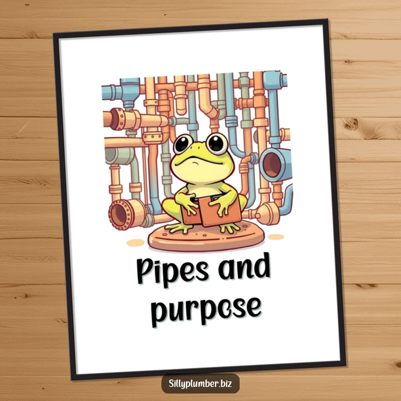 Funny Digital Art Print of a frog with a toolbox, happily surveying a complex network of pipes.