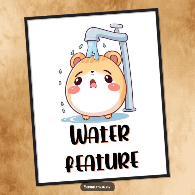 Funny digital art print of a surprised, round animal character being showered by a leaky faucet, offering instant humor and whimsical decor.