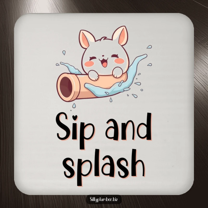 Funny drink coaster with a cute, round animal character joyfully splashing in a pipe, protecting surfaces with a dose of aquatic humor.