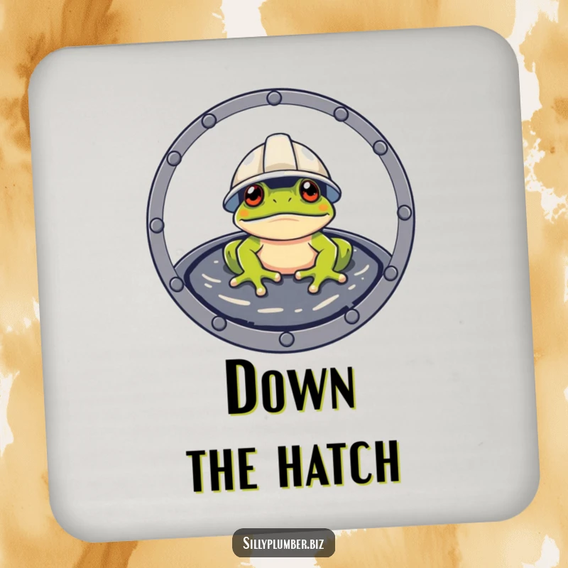 Funny Drink Coaster with a frog wearing a hard hat, peeking from a manhole cover.