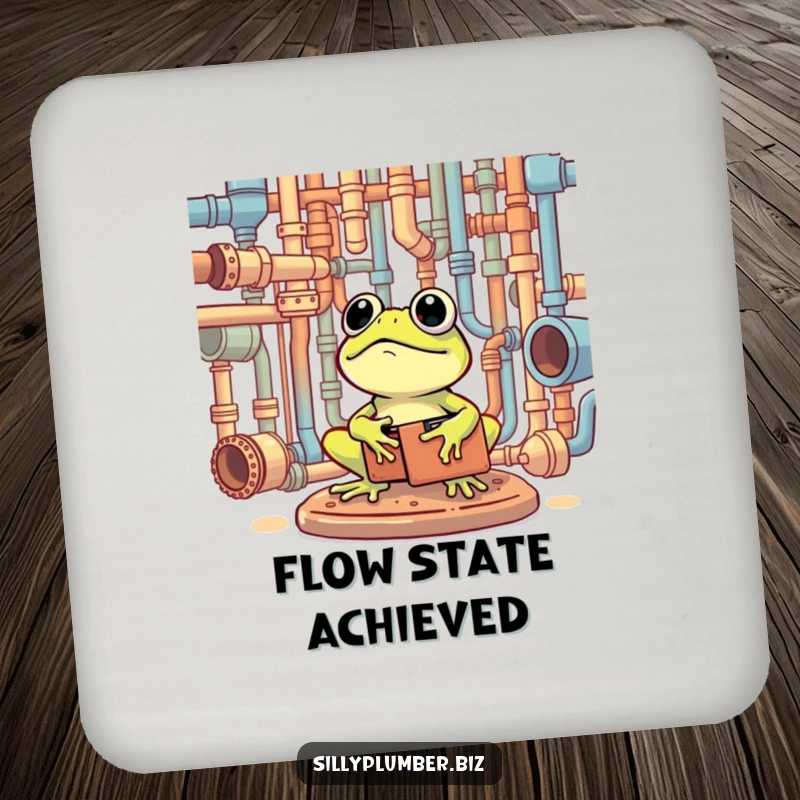 Funny Drink Coaster with a frog holding a toolbox, surveying a complex network of pipes.