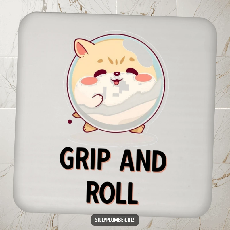 Funny drink coaster with a determined, round animal character pushing a giant marble, protecting surfaces with a humorous symbol of sheer effort.