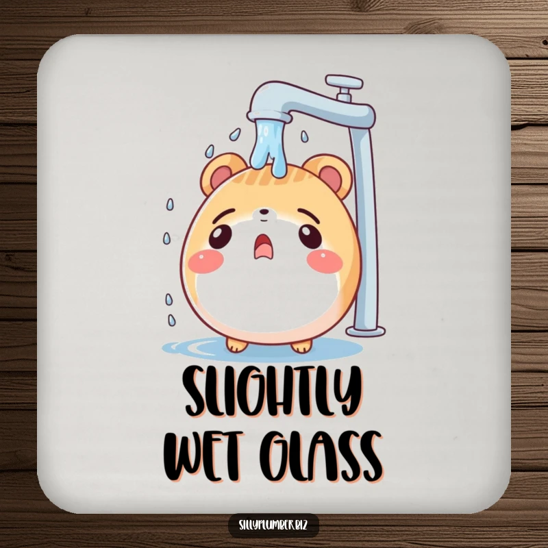 Funny drink coaster with a surprised, round animal character being showered by a leaky faucet, protecting surfaces with a dose of comical surprise.