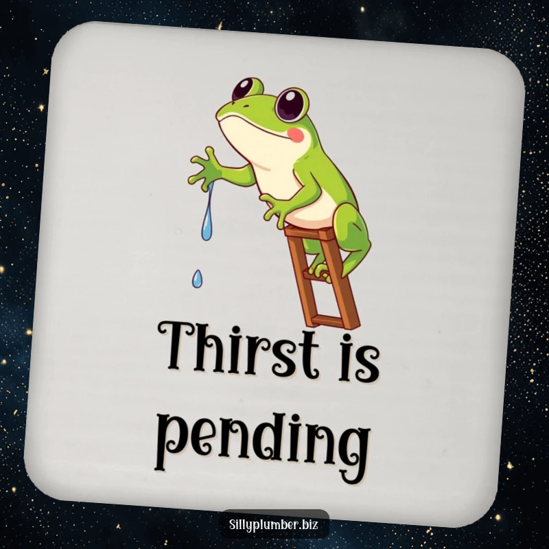 Funny Drink Coaster showing a frog comically stuck on a ladder, humorously reaching for a drip.