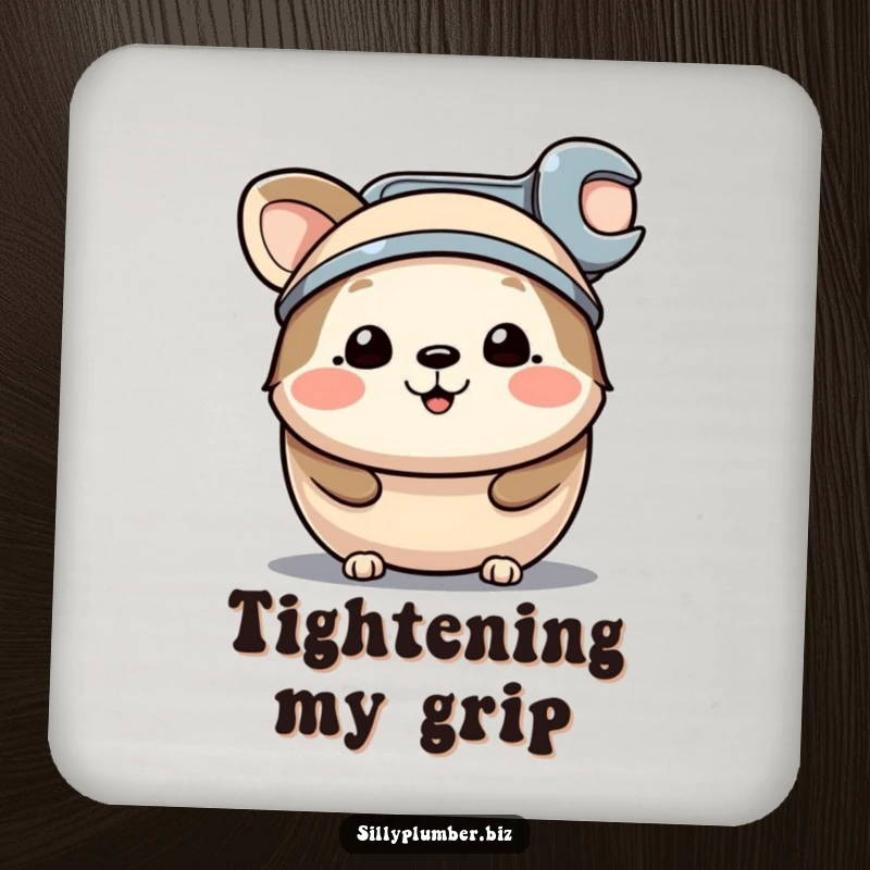 Funny drink coaster with a happy, round animal character wearing a small wrench as a hat, protecting surfaces with a touch of tool-time humor.