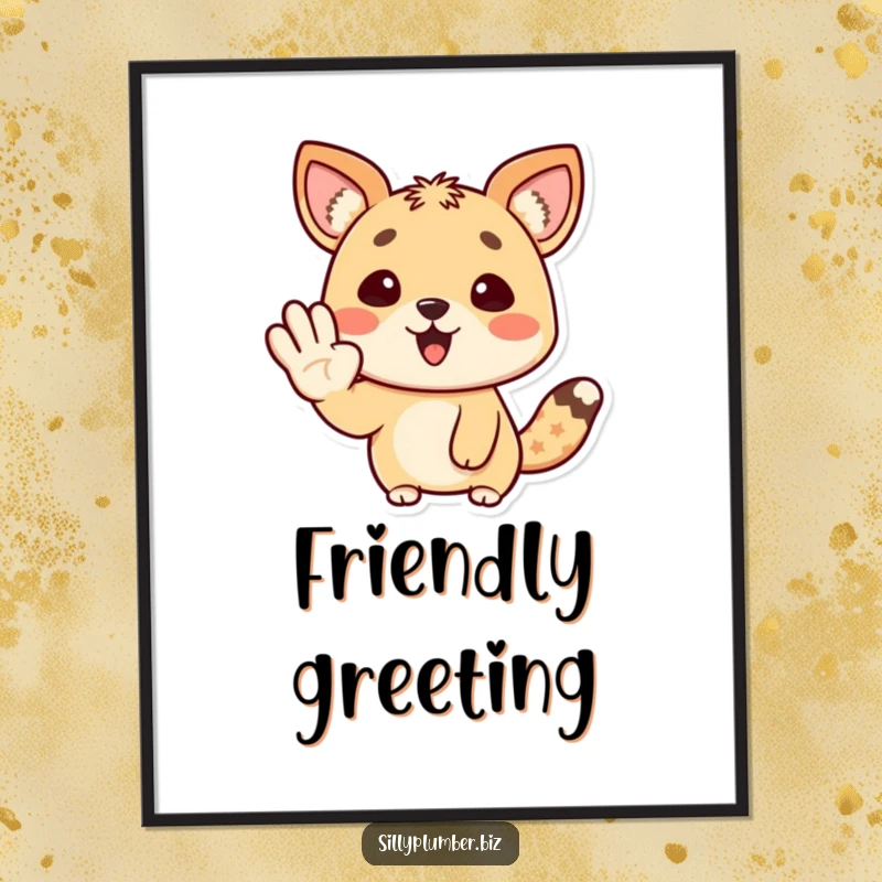 Funny Poster print of a happy animal character giving a cheerful wave with its paw, exuding warmth and friendliness.