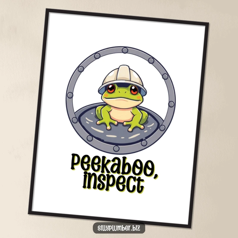 Funny Poster of a frog wearing a hard hat, peeking out from a manhole, ready for construction.