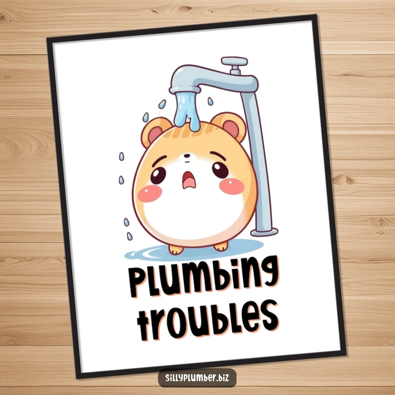 Funny poster art of a surprised, round animal character getting dripped on by a leaky faucet, capturing a moment of comical dismay.