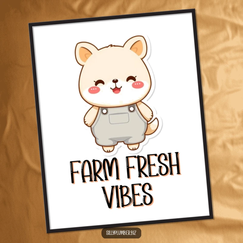 Funny poster art of a cheerful, round animal character wearing oversized overalls, radiating happiness and a touch of endearing clumsiness.