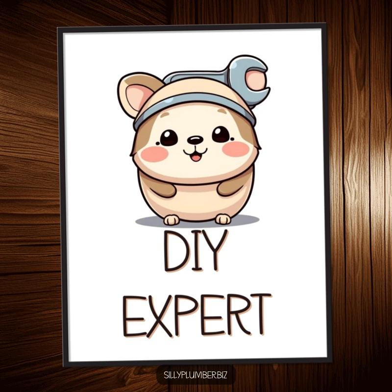 Funny poster art of a happy, round animal character wearing a miniature wrench as a hat, radiating a positive and handy attitude.