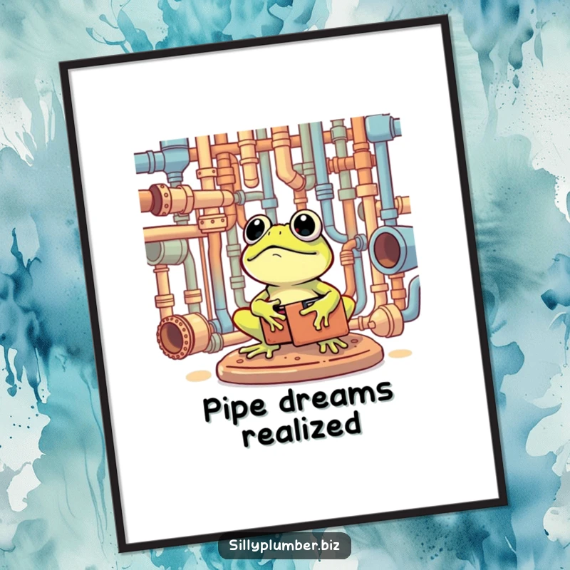 Funny Poster of a frog with a toolbox, happily surveying a complex network of pipes.