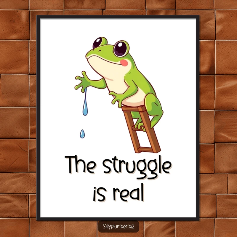 Funny Poster depicting a frog comically stuck on a ladder, humorously trying to reach a water drip.
