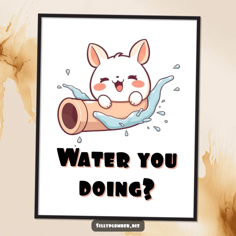 Funny poster art of a cute, round animal character joyfully splashing water within a pipe, creating a whimsical and humorous visual.